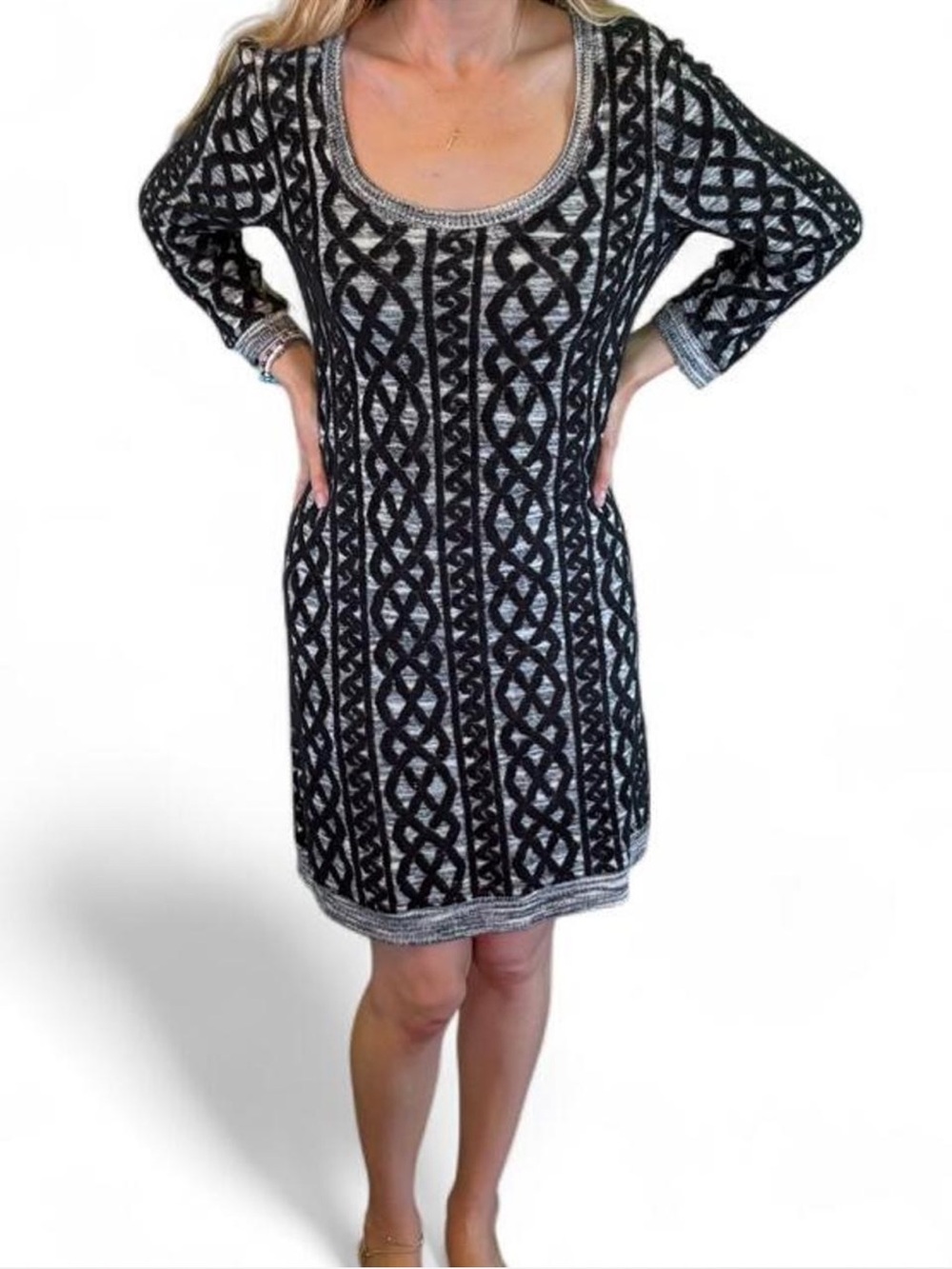 Moth Anthropologie black and white shaker stitch knit tunic sweater midi dress S